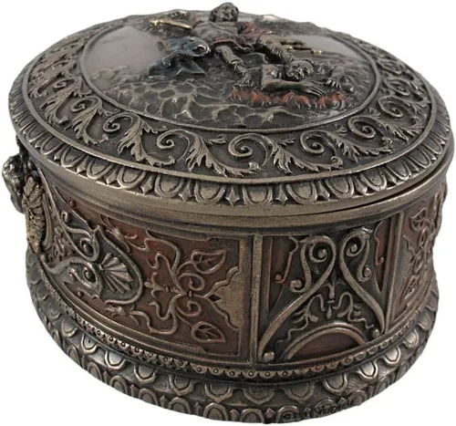 Vista 3 de Veronese Design 4.75 pulgadas San Miguel Ornado Oval Forma Bas Relief Baratija Rosario Caja de Rosario de Resina Fundida en Frío Acabado Bronce