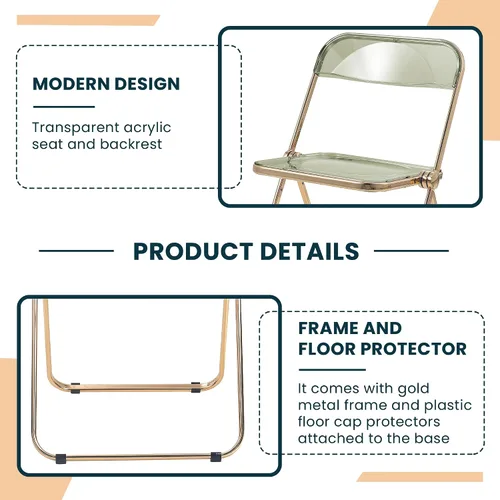 Vista 5 de LeisureMod Juego de 2 sillas plegables modernas de acrílico transparente Silla de escritorio con marco de metal dorado Cómoda silla decorativa