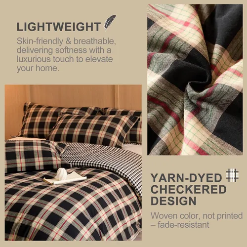 Vista 3 de Juego de edredón 100% algodón tamaño matrimonial, diseño reversible teñido de hilos a cuadros, suave algodón lavado en ambos lados, ropa de cama