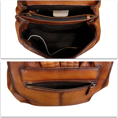 Vista 7 de Mochila de cuero genuino para mujer, bolso retro de cuero en relieve, hecho a mano, mochila trasera, mochila casual, Marrón, Vintage