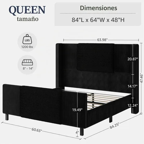 Vista 2 de Lihimte Marco de cama tamaño Queen con cabecera alta y estribo, marco de cama tapizado en bouclé y corduroy con luces LED, marco de cama de Negro