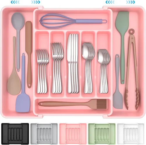 Vista 11 de ukeetap Organizador de Cubiertos Expandible Extra Grande, Organizador de Cubiertos y Vajilla Sin BPA Apto para Alimentos, Organizador de Cajón