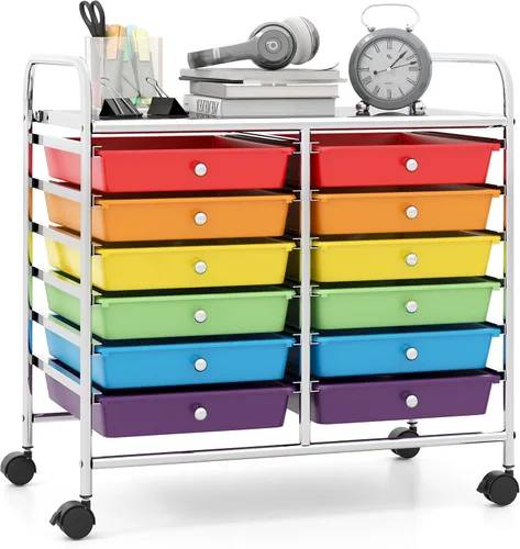 Vista 11 de Giantex Carrito con ruedas de 12 cajones, carrito de almacenamiento móvil con cajones, carrito organizador de aula para suministros escolares