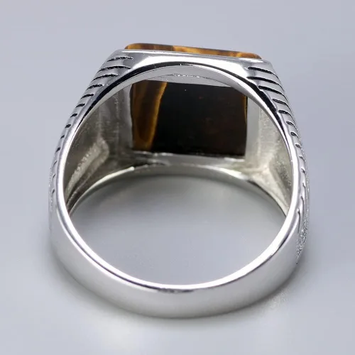 Vista 5 de Anillo de plata para hombre Piedra natural de ojos de tigre Anillo turco Anillo retro grabado geométrico por Fantasy World, Metal precioso, ojo
