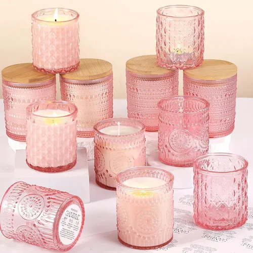 Vista 8 de DARJEN Paquete de 12 tarros de vela de ámbar para hacer velas - 3 estilos de tarros de vidrio para hacer velas a granel con tapas de bambú