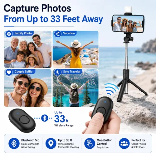 Vista 5 de Acuvar Trípode para selfie stick con control remoto Bluetooth y luz de relleno LED, soporte extensible de 28 pulgadas para iPhone, Samsung