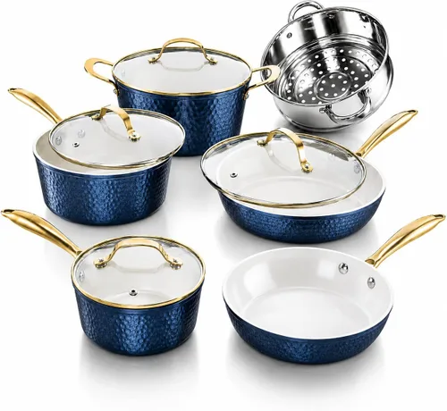 Vista 9 de GOTHAM STEEL Hammered 10 Pc Pots and Pans Set Non Stick Ceramic Cookware Hammered Cream