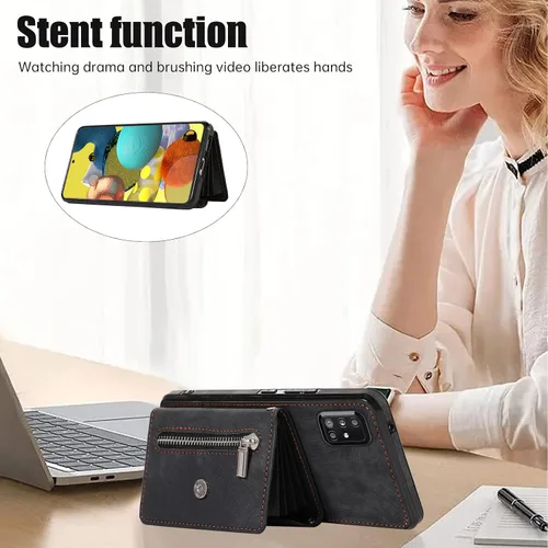 Vista 3 de Funda para teléfono Samsung Galaxy A71 5G con protector de pantalla de vidrio templado y correa cruzada para la muñeca, cordón para tarjeta de Negro