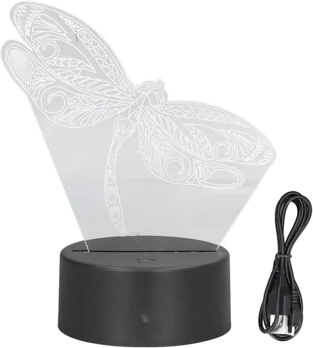 Vista 8 de Luz nocturna 3D con ilusión 3D, 7 cambios de color, acrílico transparente, libélula 3D, luz nocturna LED para dormitorio, regalo de cumpleaños