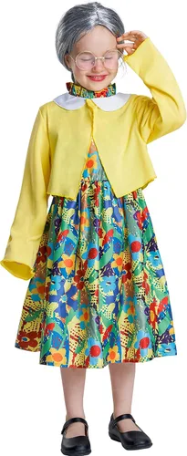 Vista 2 de AlecosFun Disfraz de anciana para niñas, 100 día de escuela, 4 piezas, juego de abuelita, chaqueta, vestido, peluca y lentes para niños de 4 a 10