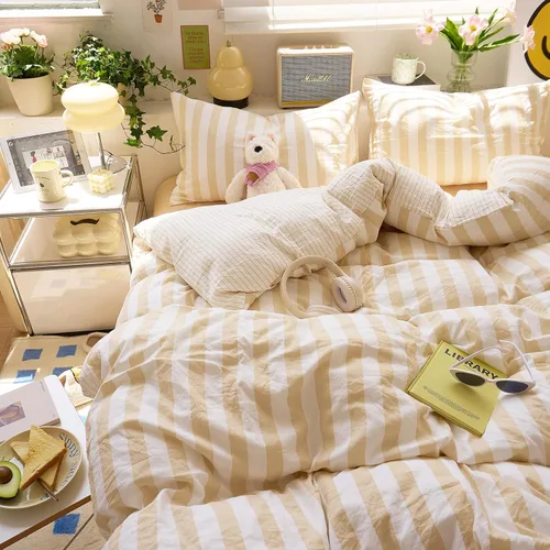 Vista 4 de EAVD - Juego de funda de edredón con rayas color beige, tamaño Twin XL, de microfibra suave lavada, reversible, con 2 fundas de almohada, diseño