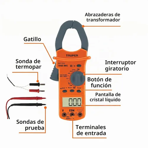 Vista 3 de Truper Abrazadera digital de mantenimiento industrial, multímetro profesional con mordaza de gancho, voltaje CA/CC, probador de corriente CA