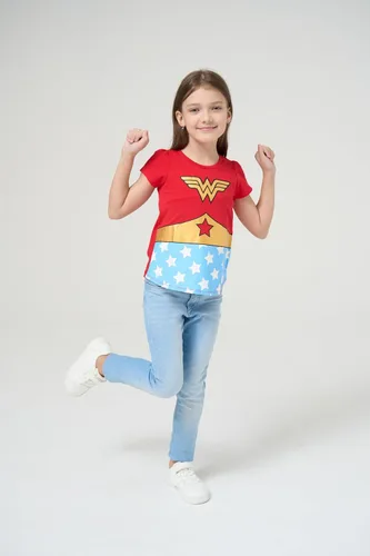 Vista 3 de DC Comics - Camiseta de manga corta para niñas de la Liga de la Justicia, paquete de 4 unidades para niños pequeños y grandes, grismorado, rojoazul