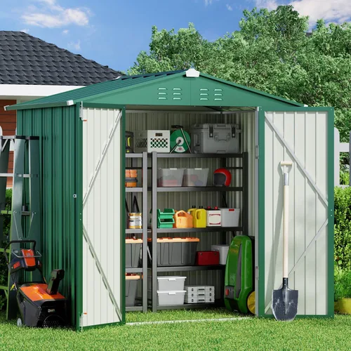 Vista 22 de Gizoon Cobertizo de almacenamiento para exteriores de 8 x 6 pies, cobertizo de jardín de metal galvanizado con puertas dobles con cerradura, Marrón