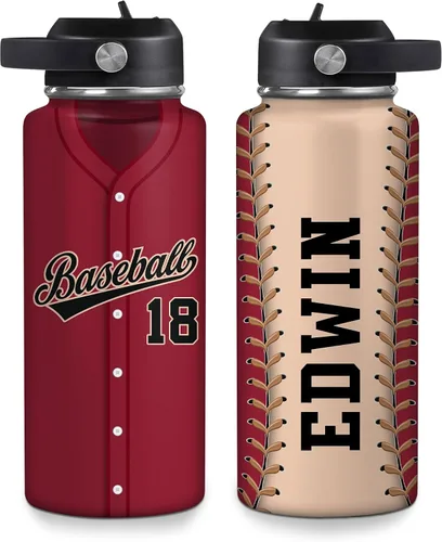 Vista 25 de Hyturtle Botella de agua de béisbol personalizada, botella de acero inoxidable aislada de viaje con tapa a prueba de fugas, 18 onzas, 32 onzas