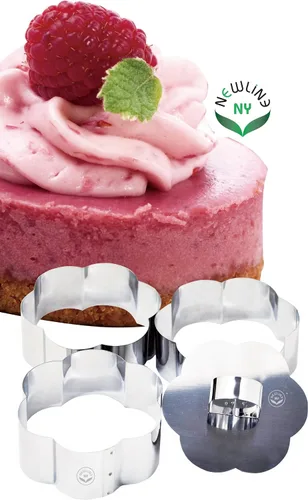 Vista 2 de NewlineNY - Anillos de postre de acero inoxidable (4 piezas) con forma de flor, aperitivos moldeados, ensaladas, pasteles, moldeo de mousse