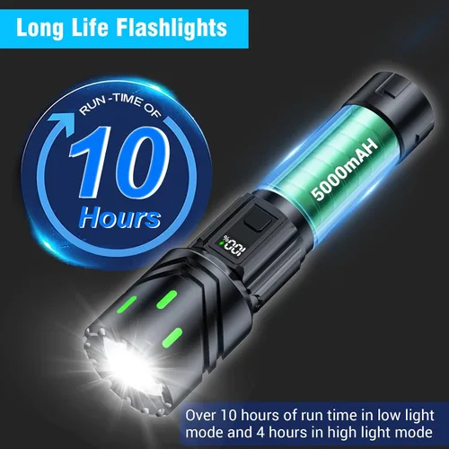 Vista 4 de Linternas Recargables de Alto Lúmenes, Luz LED Súper Brillante, Linternas Tácticas con Pantalla LCD de Energía, 5 Modos, Impermeable, Linterna Más