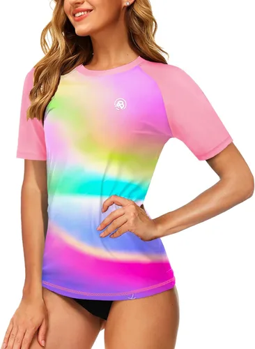 Vista 109 de AOBUTE Camisetas de natación de manga corta para mujer con protección solar degradada