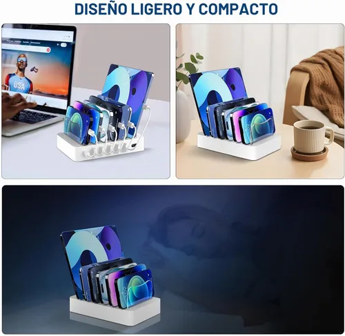 Vista 7 de Estación de carga para múltiples dispositivos, 68 W, 6 puertos, 20 W, cargador rápido de teléfono con 6 cables, compatible con Apple celular, iPad