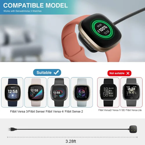 Vista 2 de Trami Paquete de 2 cargadores compatibles con Fitbit Sense & Versa 3, cable de carga USB de repuesto para reloj Versa 3/Versa 4/Sense/Sense 2, 3.3