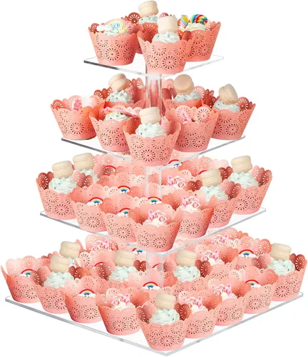 Vista 8 de Boxalls Soporte para cupcakes, soporte redondo de 4 niveles para cupcakes, torre transparente de pastelería de postres para bodas, cumpleaños