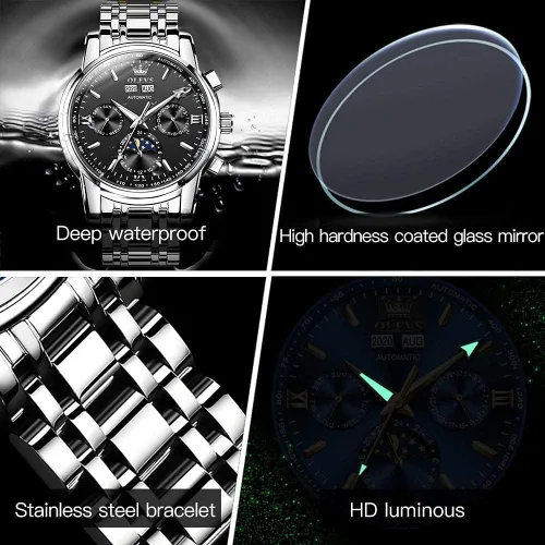 Vista 6 de OLEVS - Reloj mecánico automático Tourbillon Slef-Wind, lujoso, de acero inoxidable, resistente al agua, luminoso y con fecha