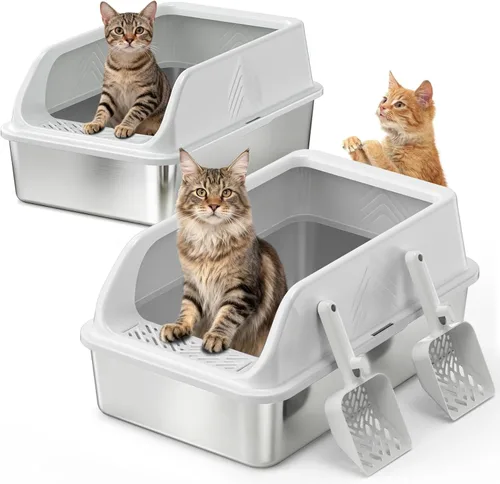 Vista 14 de Pequeña caja de arena de acero inoxidable con tapa para gatitos, cajas de arena de metal para gatos con laterales altos cerradas para gatos