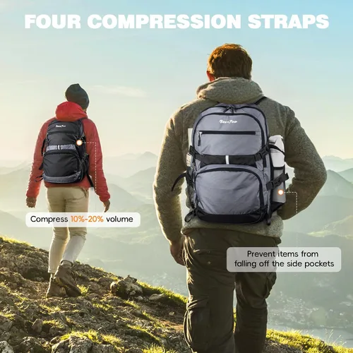 Vista 8 de Seektop Mochila de viaje ligera para hombres y mujeres, múltiples bolsillos 40L, mochila de senderismo plegable, Negro, Grande