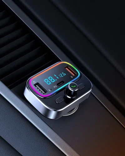 Vista 6 de Transmisor FM Bluetooth 5.4 para kit de adaptador de radio inalámbrico para automóvil, micrófono dual de llamadas manos libres, carga rápida de 18 W