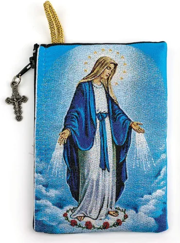 Vista 2 de Bolsa de rosario católico, símbolo de medalla milagrosa de Nuestra Señora de Gracia, joyería de 4 x 6 pulgadas y monedero con cruz, pequeña bolsa