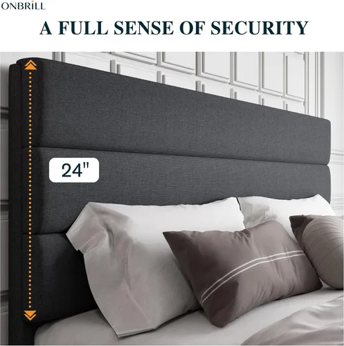 Vista 5 de ONBRILL Base de cama tamaño King con cabecera tapizada de tela, soporte de listones de madera resistente, base de colchón tapizada, no necesita