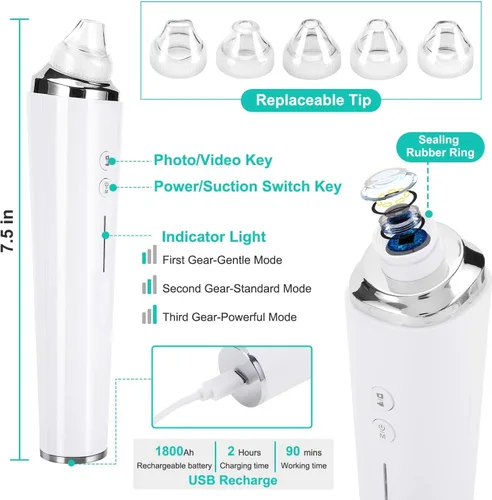 Vista 7 de Aspiradora eliminadora de puntos negros, limpiador eléctrico de poros facial 2021, herramienta extractor de acné recargable por USB, kit