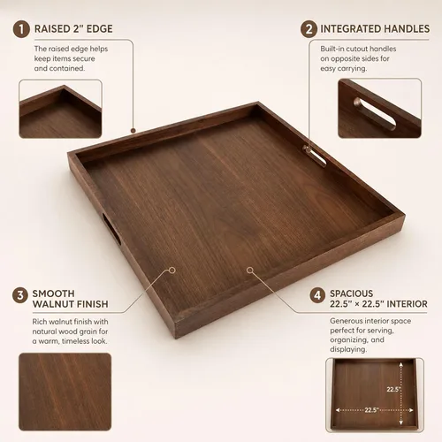 Vista 8 de Bandeja otomana de madera de nogal BARsics de 61x61 cm, bandeja grande para sala de estar