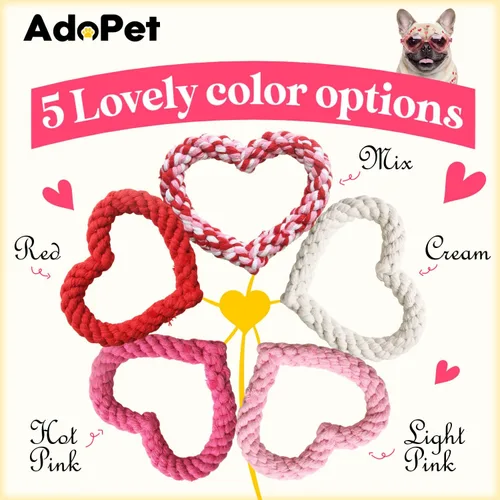 Vista 3 de Paquete de 5 juguetes de cuerda para perros con forma de corazón para masticadores agresivos, juego de juguetes duraderos de algodón para masticar