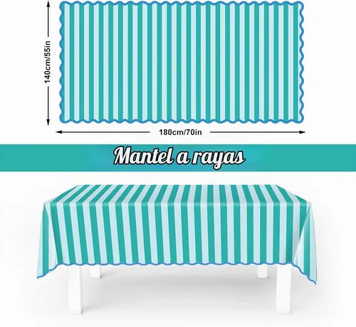 Vista 2 de Whaline Mantel a rayas, azul verde festoneado, 55 x 70 pulgadas