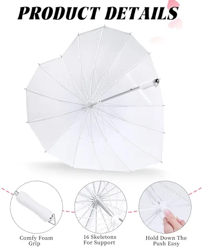 Vista 6 de Chunful 4 piezas en forma de corazón Brolly en forma de corazón para niñas, paraguas para siempre amor, paraguas blanco para novia, San Valentín