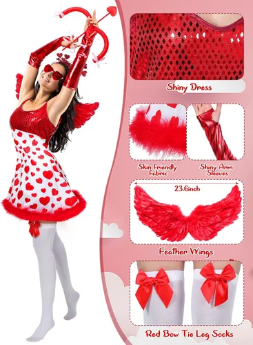 Vista 5 de Twistover 8 piezas de disfraz de Cupido para el día de San Valentín para mujer, hermoso vestido de corazón, alas de flecha y lazo con diadema