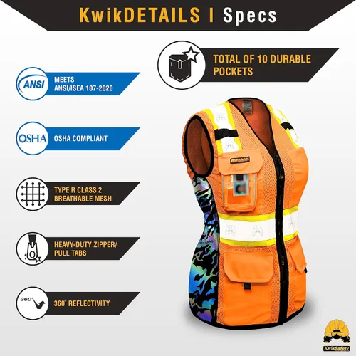 Vista 4 de KwikSafety TIGER QUEEN - Chaleco de seguridad para mujer [naranja, XL] + paquete de casco duro de ala completa TORTOISE