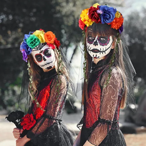 Vista 2 de OAOLEER Day of the Dead Mexican Rose Flower Crown Headband for Women Halloween Party Costume Headpiece Bridal Cosplay,1PCS