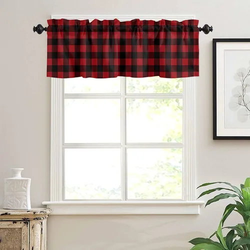 Vista 110 de Cenefa de cortina con lazo rojo de Navidad para ventanas, sala de estar, cocina, baño, granja, bolas de Navidad de acuarela con diseño de bayas
