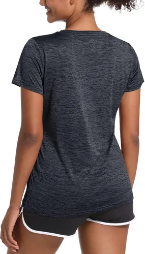 Vista 2 de MAGCOMSEN Camisetas de entrenamiento para mujer, cuello redondo, manga corta, ligeras, suaves, para deportes, fitness, ejercicio, yoga