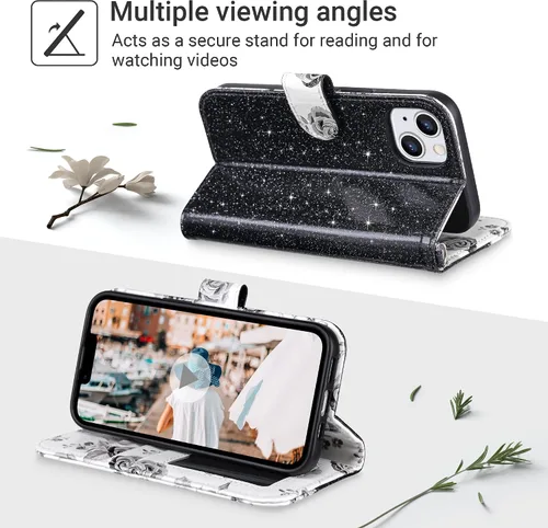 Vista 2 de ULAK Compatible con iPhone 13 Funda tipo cartera para mujer, funda tipo billetera de piel PU con tarjetero y función de caballete, funda protectora