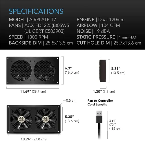 Vista 6 de AC Infinity AIRPLATE T7 sistema de refrigeración silencioso con termostato para sistemas de Home Theater