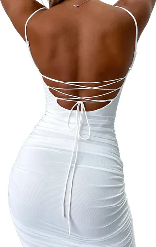 Vista 2 de Just Quella Vestido midi fruncido de malla con cuello redondo y espalda descubierta para mujer