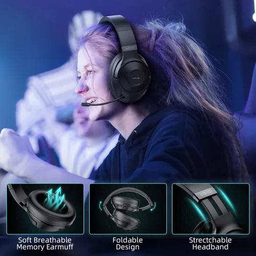 Vista 3 de Auriculares inalámbricos para juegos de 2.4 GHz para PC, PS5, PS4, MacBook, con micrófono, auriculares Bluetooth para juegos para teléfono celular
