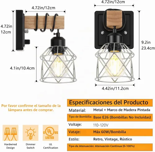 Vista 2 de FadimiKoo Juego de 2 apliques de pared, lámparas de pared de madera de cabecera con interruptor giratorio, lámpara de tocador de baño negra