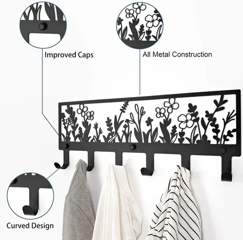 Vista 3 de Perchero floral montado en la pared con 6 ganchos colgador decorativo de metal negro para abrigos, sombreros, bolsos, llaves, toallas - Ideal