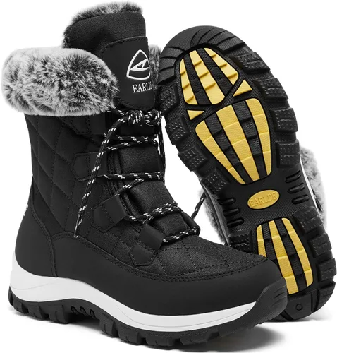 Vista 9 de EARLDE Botas de nieve para mujer impermeables, botas de invierno hasta media pantorrilla, para exteriores, ligeras, cálidas, forradas con piel Todo