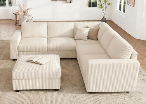 Vista 3 de HONBAY Sofá modular de pana con almacenamiento en forma de L para sala de estar, sofá seccional de 6 plazas, color beige