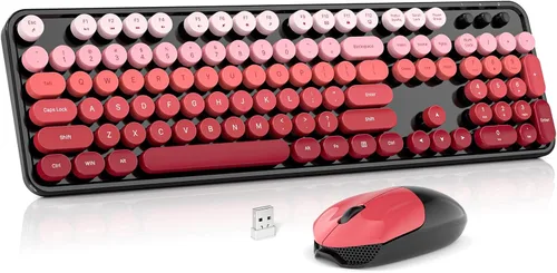 Vista 16 de MOWUX Combo de teclado y mouse inalámbricos, máquina de escribir de tamaño completo, teclado de computadora redondo retro, lindo mouse óptico, 2.4G